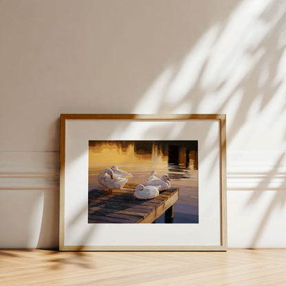 Framed fine art print of white ducks on a wooden dock at sunset, displayed in a light wood frame against a neutral wall.