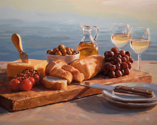 A still life painting of a cheese board with bread, grapes, olives, a bottle of white wine, and two wine glasses against a soft blue and beige background.