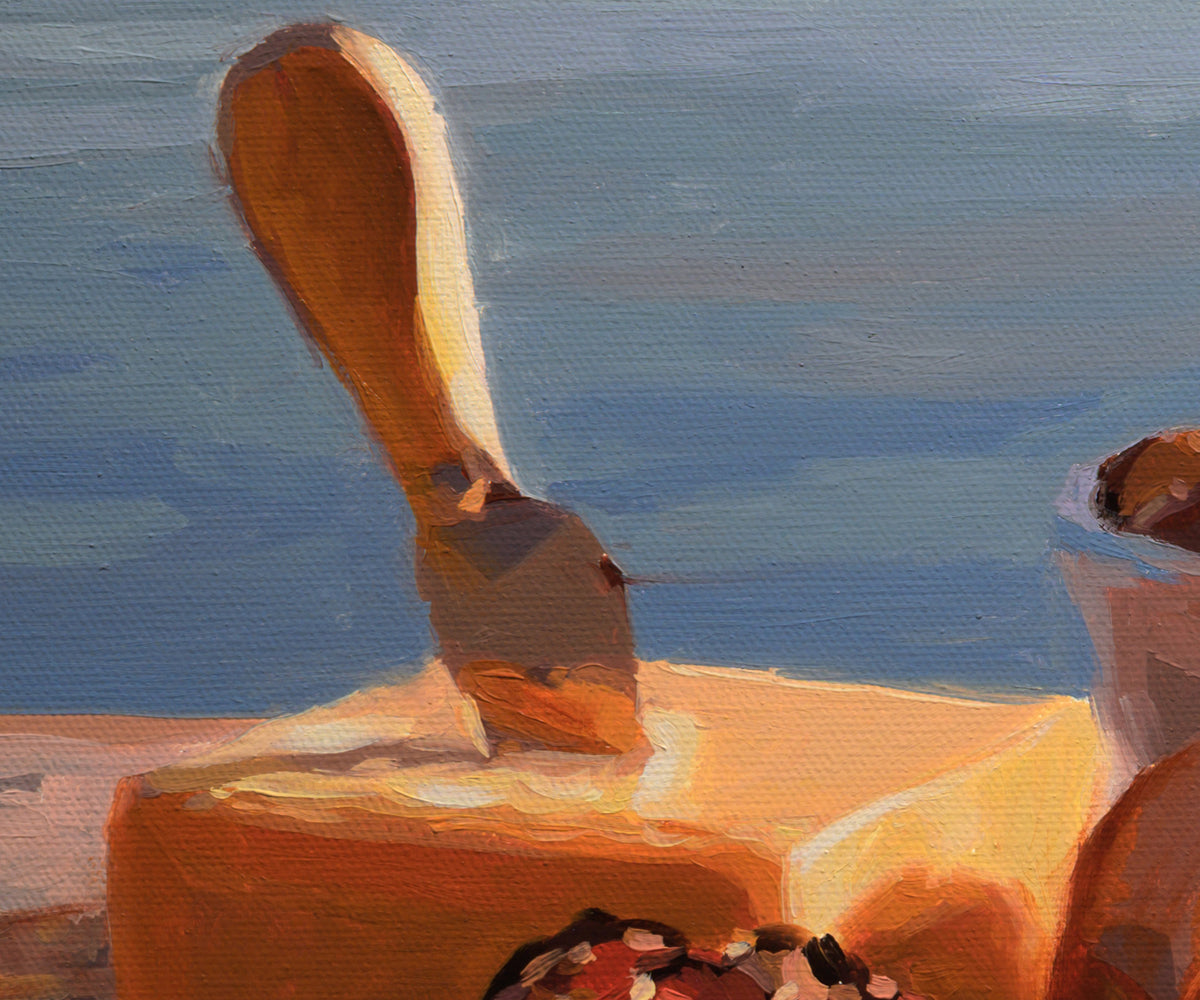 An impressionistic painting of a wooden spoon resting on a block of orange cheese, with a blue sky-like background.