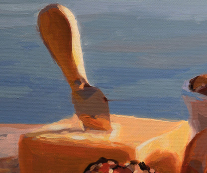 An impressionistic painting of a wooden spoon resting on a block of orange cheese, with a blue sky-like background.