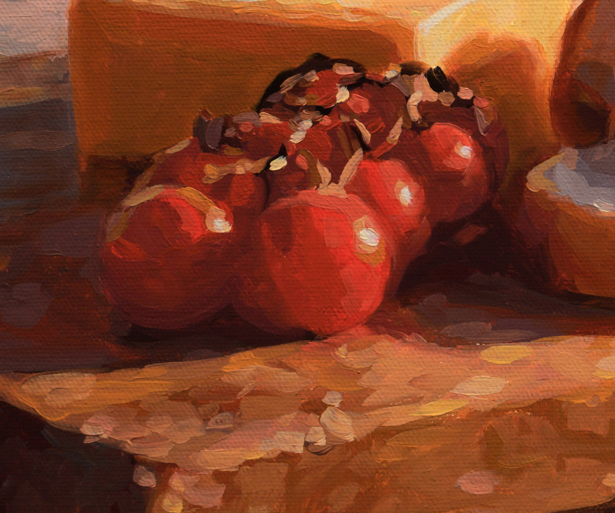An oil painting depicting a cluster of ripe red tomatoes on a warm, golden-brown surface with a soft-focus background.