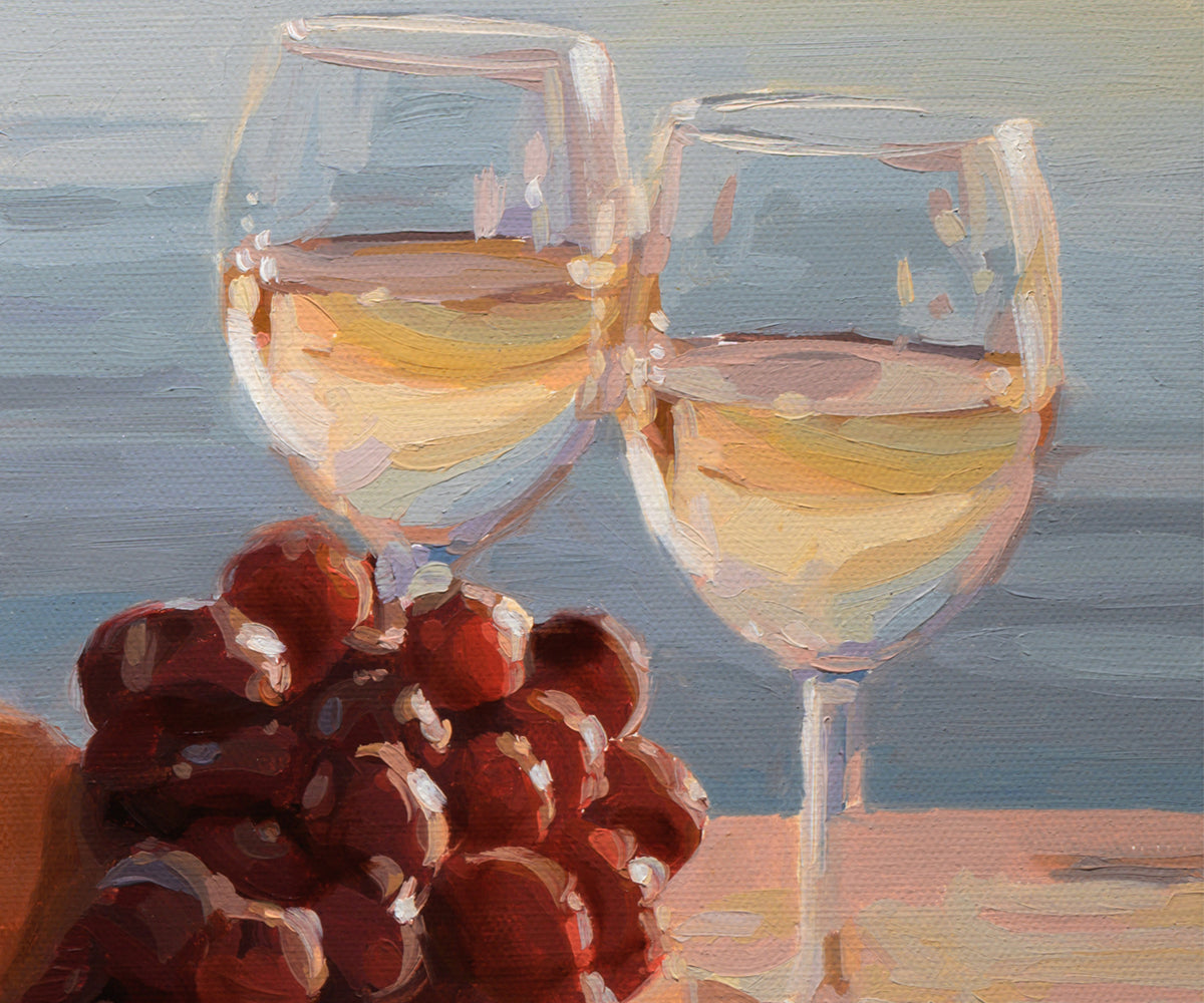 A painted still life showing two wine glasses filled with pale yellow wine and a cluster of dark red grapes in the foreground, rendered in warm brushstrokes against a soft blue background.
