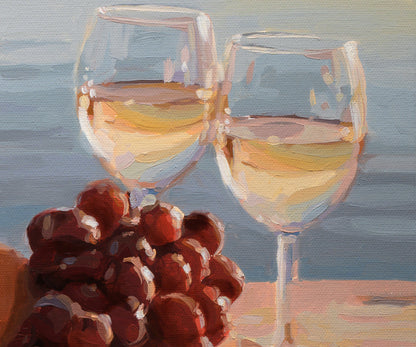 A painted still life showing two wine glasses filled with pale yellow wine and a cluster of dark red grapes in the foreground, rendered in warm brushstrokes against a soft blue background.