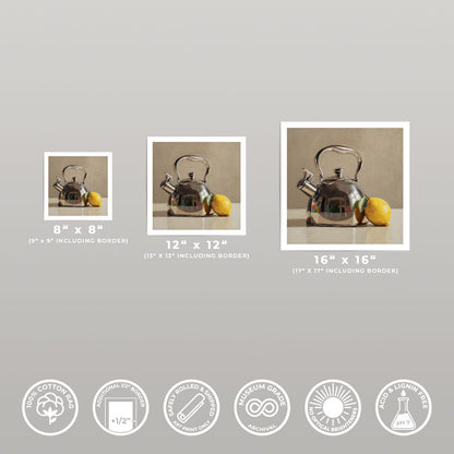 Three fine art prints of a silver tea kettle and lemon in 8x8, 12x12, and 16x16 inch sizes on archival cotton rag paper.