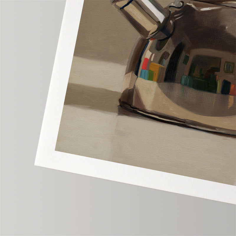 Fine art print of a reflective metal tea kettle on cotton rag paper with a white border.