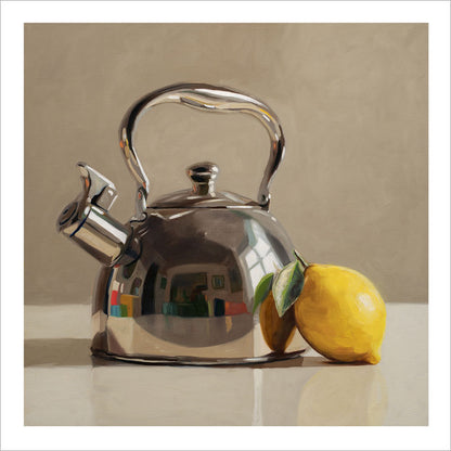 Fine art print of a shiny silver tea kettle reflecting a room next to a bright yellow lemon on a neutral background.