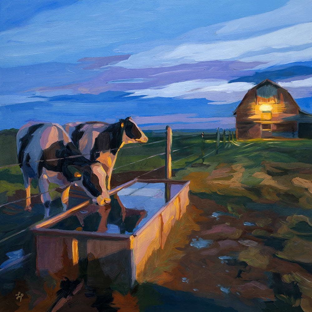 Painting of two cows by a barn at dusk.