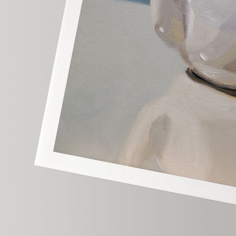 Fine art print of a white teapot on textured cotton rag paper with a clean white border for easy matting.