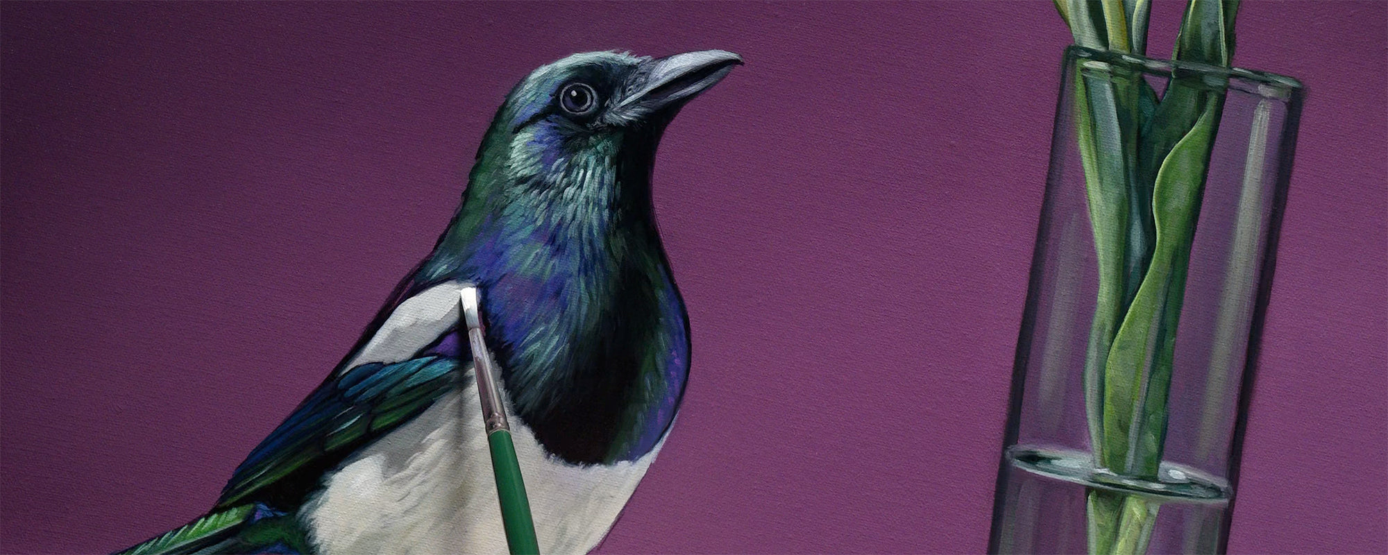 Artwork of a Magpie perched next to a glass vase with plants on a purple background by Lauren Pretorius