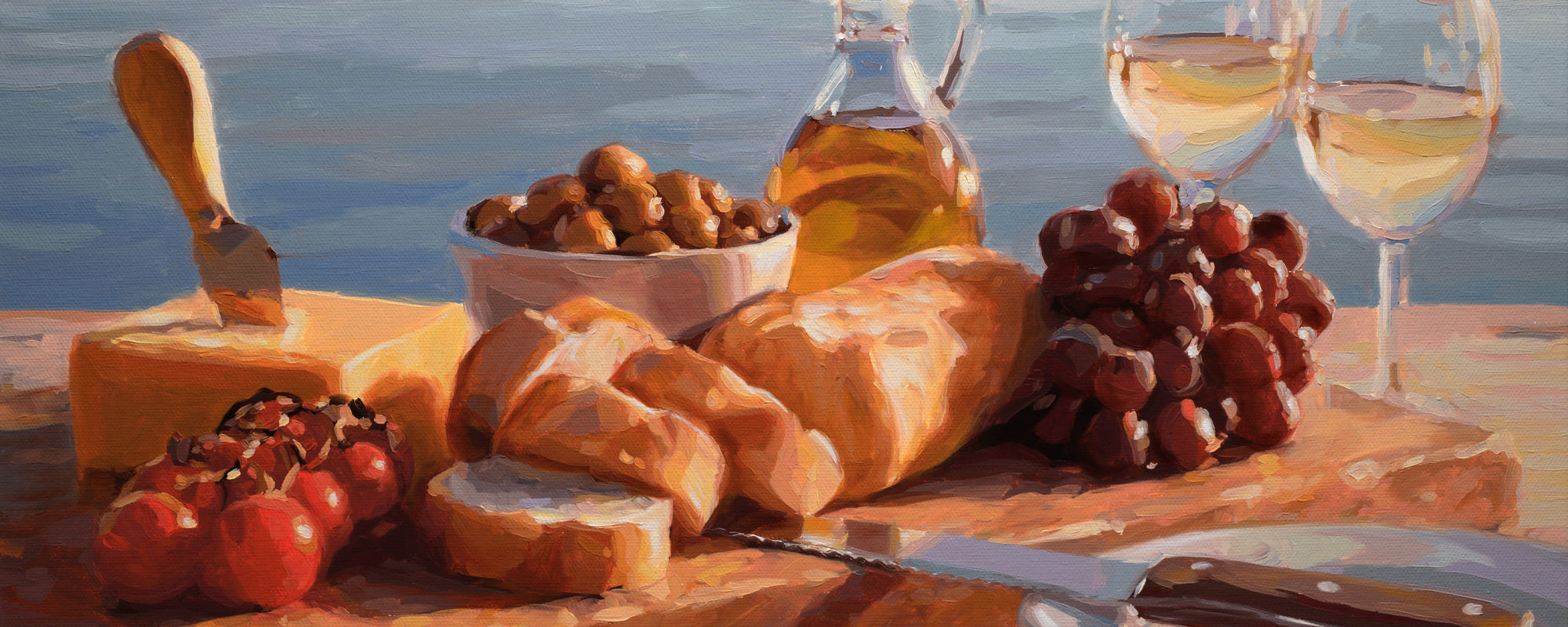 A still life painting of bread, cheese, grapes, olives, wine, and a bottle of oil arranged on a wooden board, rendered in warm painterly tones.