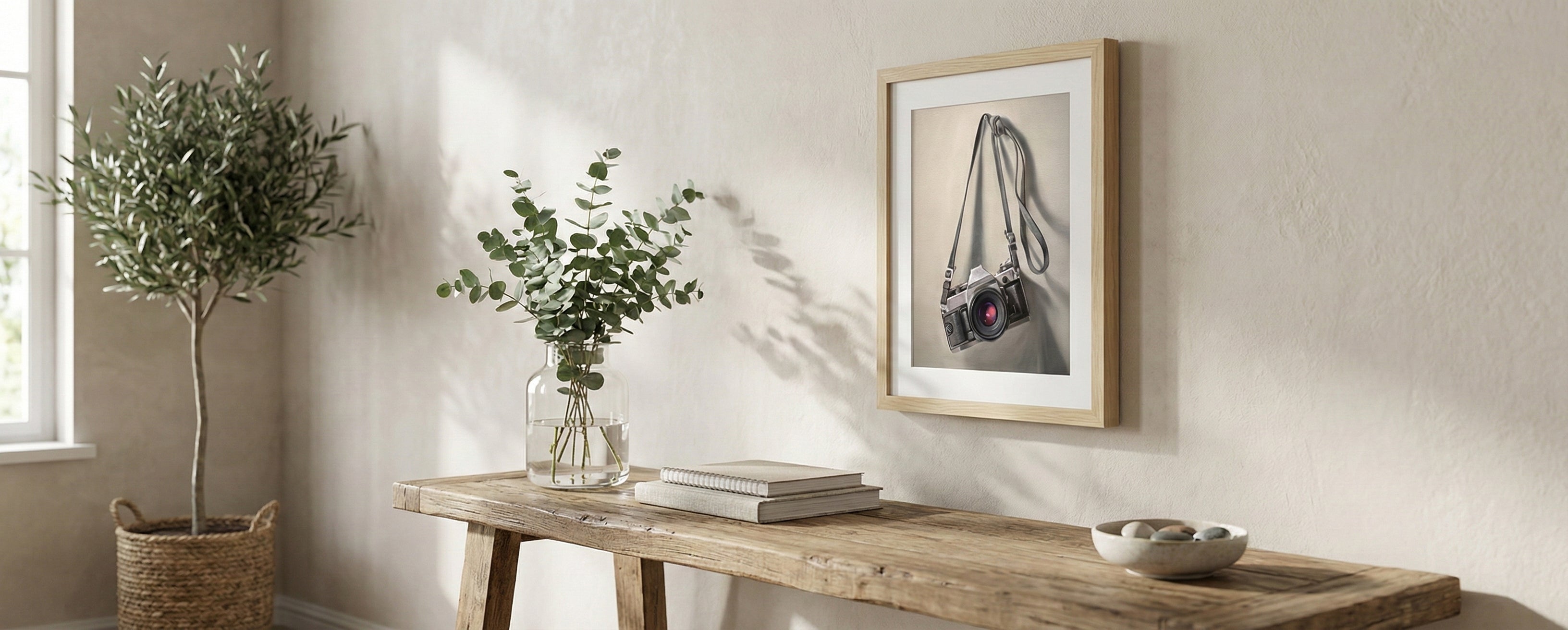 Nordic-style interior with wooden bench, plants, and framed camera artwork by Lauren Pretorius on a beige wall.