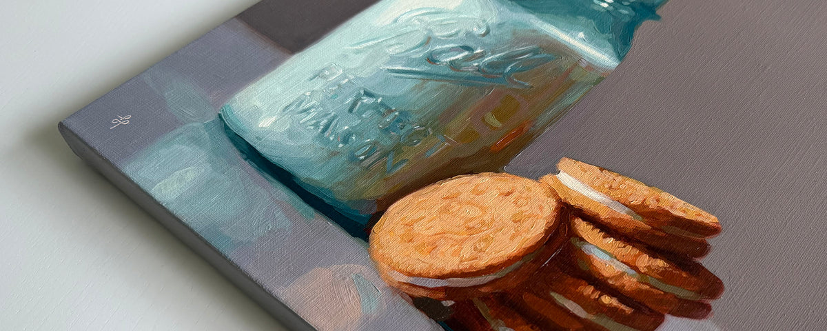 A close-up of a textured painting depicting a light blue glass mason jar and a stack of golden-brown sandwich cookies on a gray background.