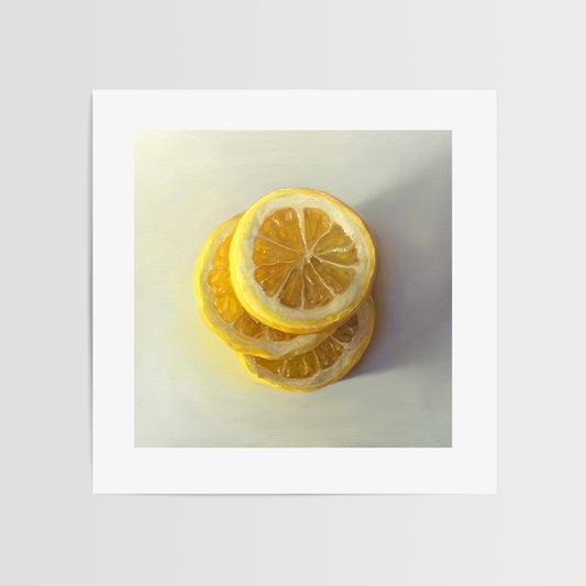 Lemon Slice Stack Fine Art Print by Lauren Pretorius: a trio of lemon slices stacked on one another.