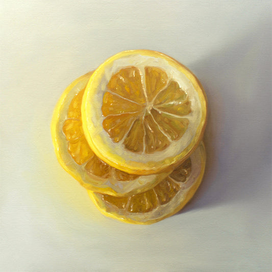 Lemon Slice Stack Fine Art Print by Lauren Pretorius: a trio of lemon slices stacked on one another.