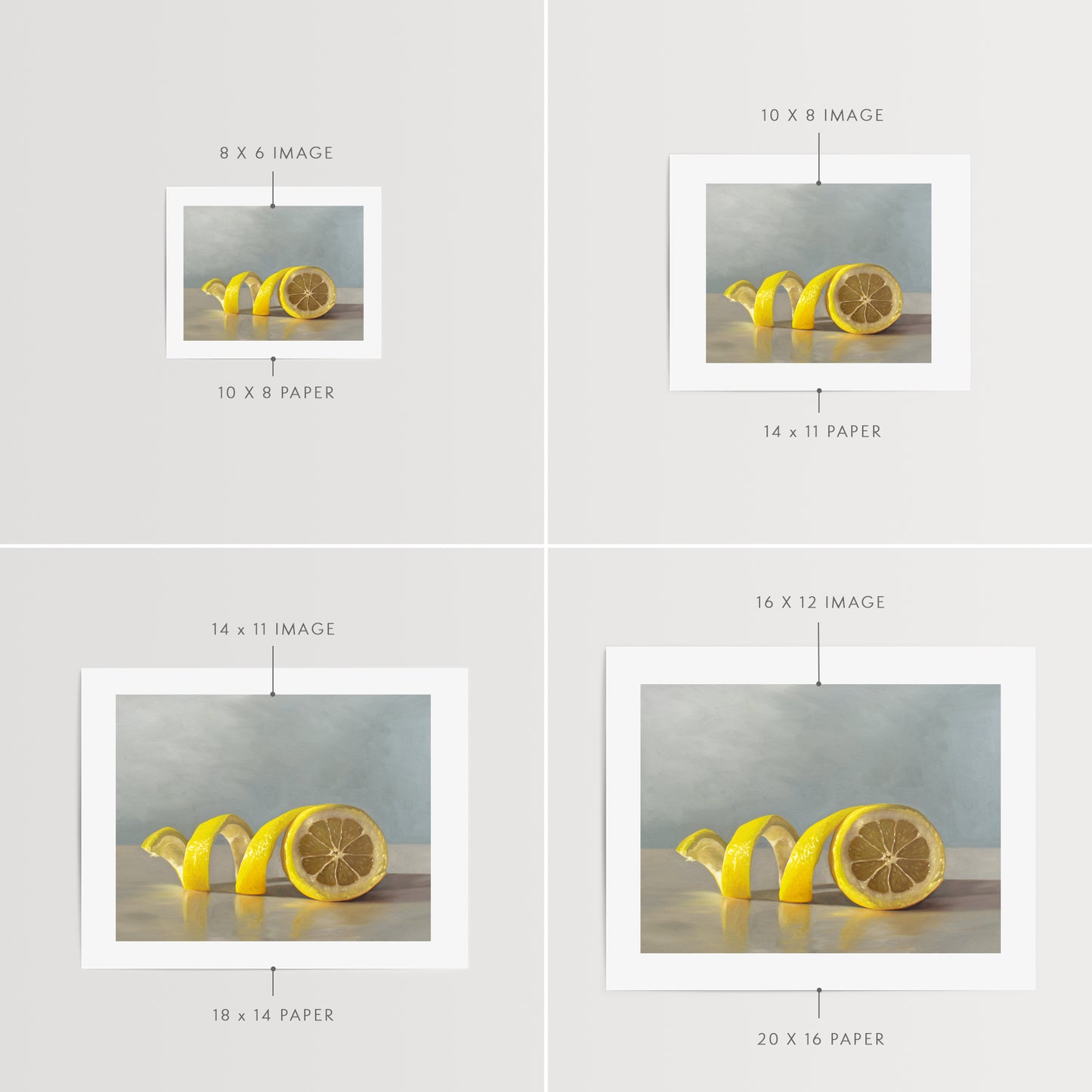 Lemon Twist Fine Art Print by Lauren Pretorius: a lemon half with its peeling spiraling out towards the left on a light, reflective surface and muted blue background.