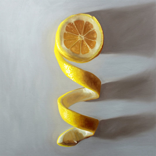 Vibrant oil painting of a lemon peel spiraling down from a sliced lemon half on a light gray background.