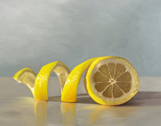 Vibrant still life oil painting of a lemon half and a long, curling yellow peel on a light surface.