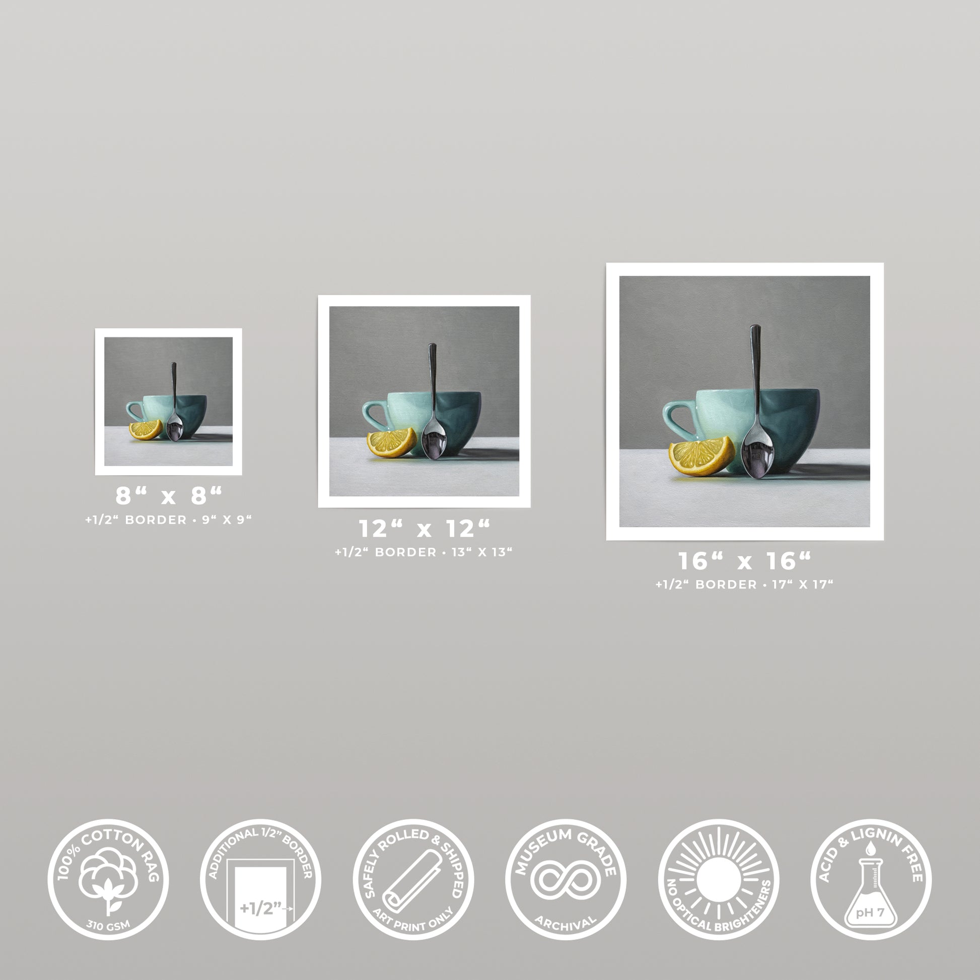 Three fine art prints of a lemon wedge, teal cup, and spoon, shown in 8x8, 12x12, and 16x16 sizes.