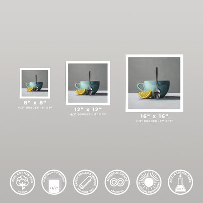 Three fine art prints of a lemon wedge, teal cup, and spoon, shown in 8x8, 12x12, and 16x16 sizes.