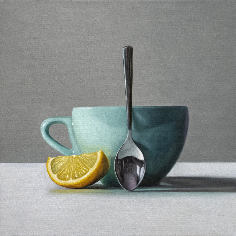 Still life painting of a bright yellow lemon wedge, a light teal cup, and a silver spoon.