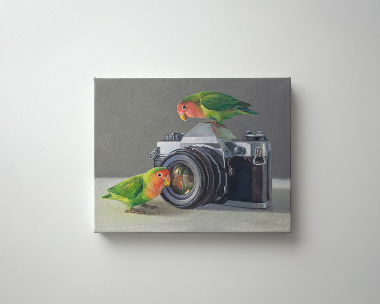 Lovebirds & Camera 14" x 11" Original Oil Painting by Lauren Pretorius: two lovebirds interacting with an old-fashioned camera on a neutral background