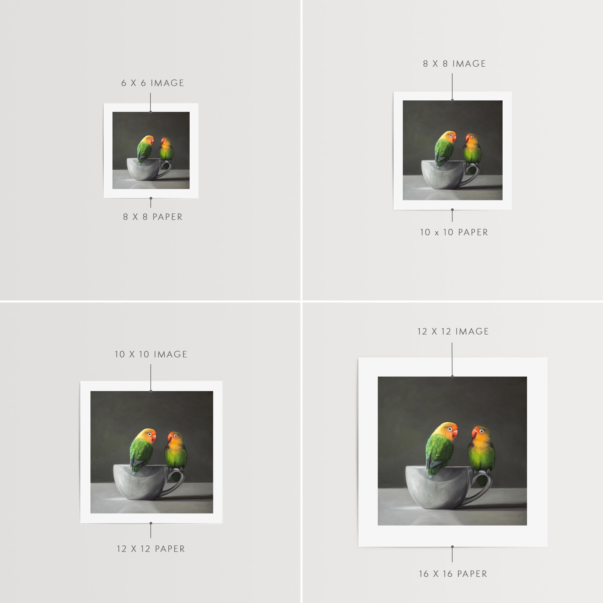 Lovebirds & Porcelain Cup Fine Art Print by Lauren Pretorius: a pair of Fischer’s Lovebirds perched on a white porcelain cup.