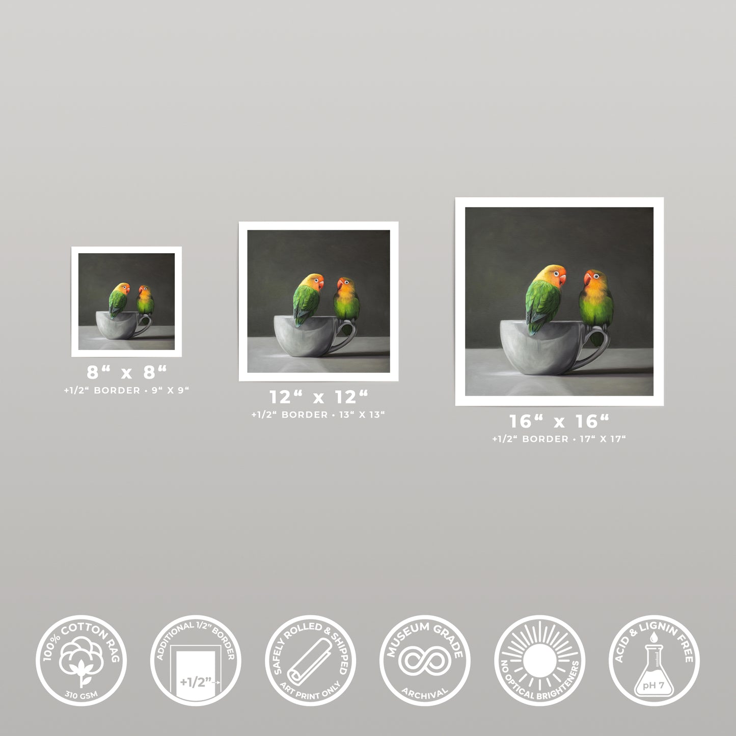 Three fine art prints of two green lovebirds perched on a gray porcelain cup, shown in 8x8, 12x12, and 16x16 sizes.