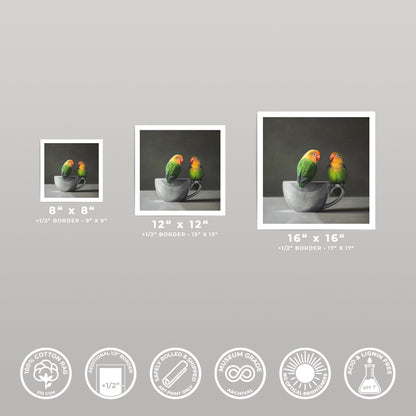 Three fine art prints of two green lovebirds perched on a gray porcelain cup, shown in 8x8, 12x12, and 16x16 sizes.