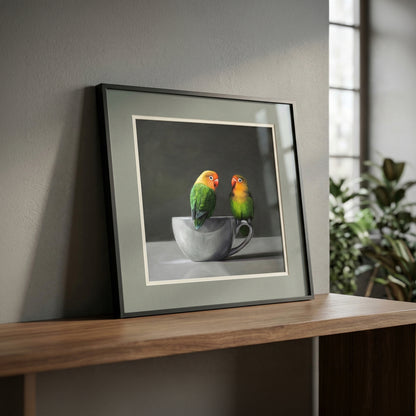 Framed fine art print featuring two colorful lovebirds perched in a grey porcelain cup.