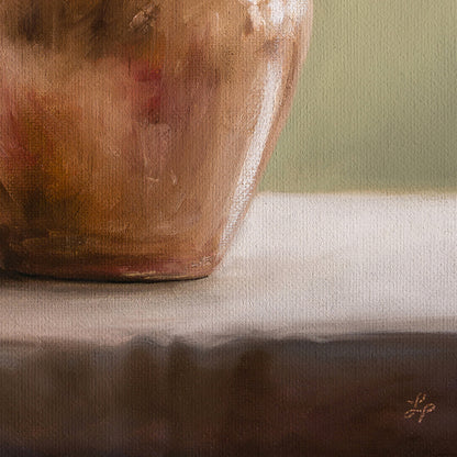 Magnolia & Waxwing 11" x 14" Original Oil Painting by Lauren Pretorius: three green pears with brown stems on a reflective surface and gray background