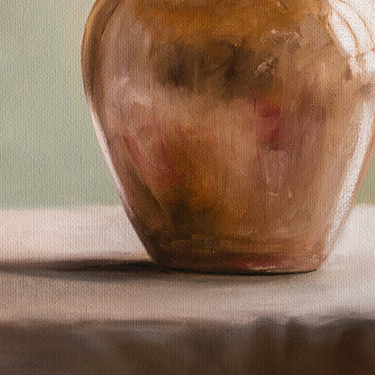 Magnolia & Waxwing 11" x 14" Original Oil Painting by Lauren Pretorius: three green pears with brown stems on a reflective surface and gray background