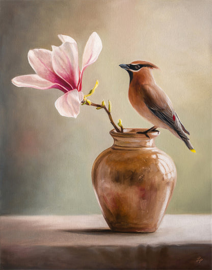 Magnolia & Waxwing 11" x 14" Original Oil Painting by Lauren Pretorius: three green pears with brown stems on a reflective surface and gray background