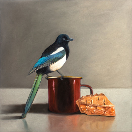 Magpie, Apple Pie and Coffee Fine Art Print by Lauren Pretorius: The perfect combination to roll in the Spring season a Mountain Bluebird perched on a cup of Blueberry Tea.