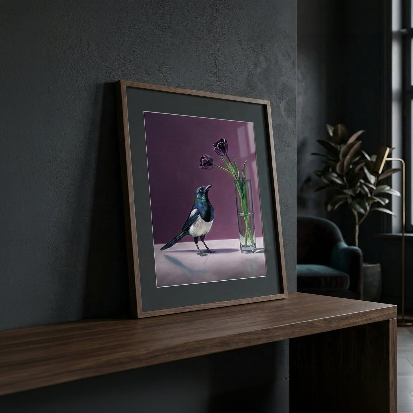 Framed fine art print of a magpie and dark purple tulips in a vase, on a dark wood surface.