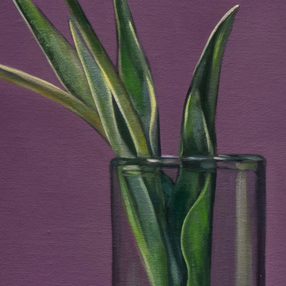 Magpie standing next to a vase with a pair of queen of the night tulips on a purple background by Lauren Pretorius.