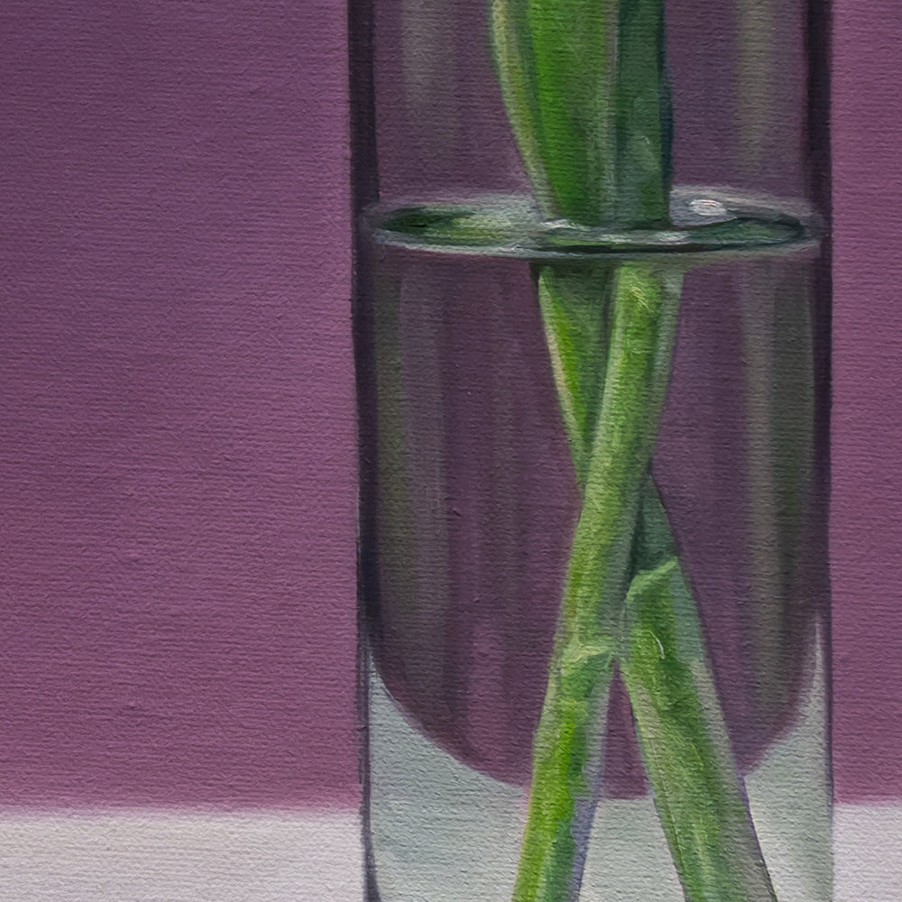 Magpie standing next to a vase with a pair of queen of the night tulips on a purple background by Lauren Pretorius.