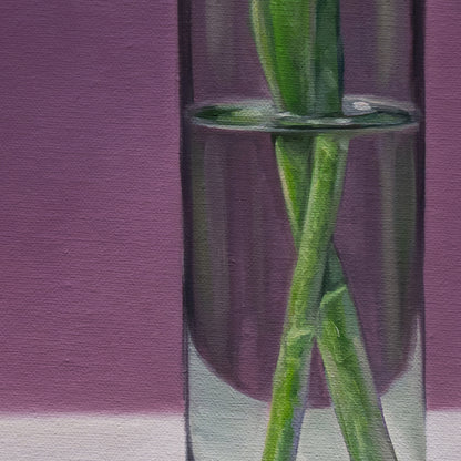 Magpie standing next to a vase with a pair of queen of the night tulips on a purple background by Lauren Pretorius.