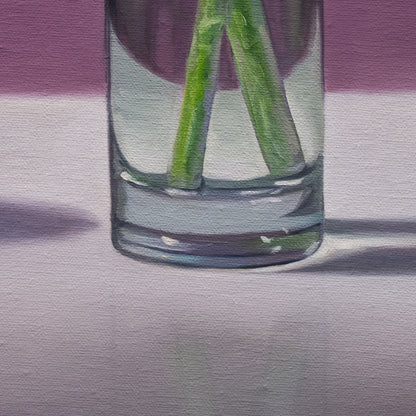 Magpie standing next to a vase with a pair of queen of the night tulips on a purple background by Lauren Pretorius.