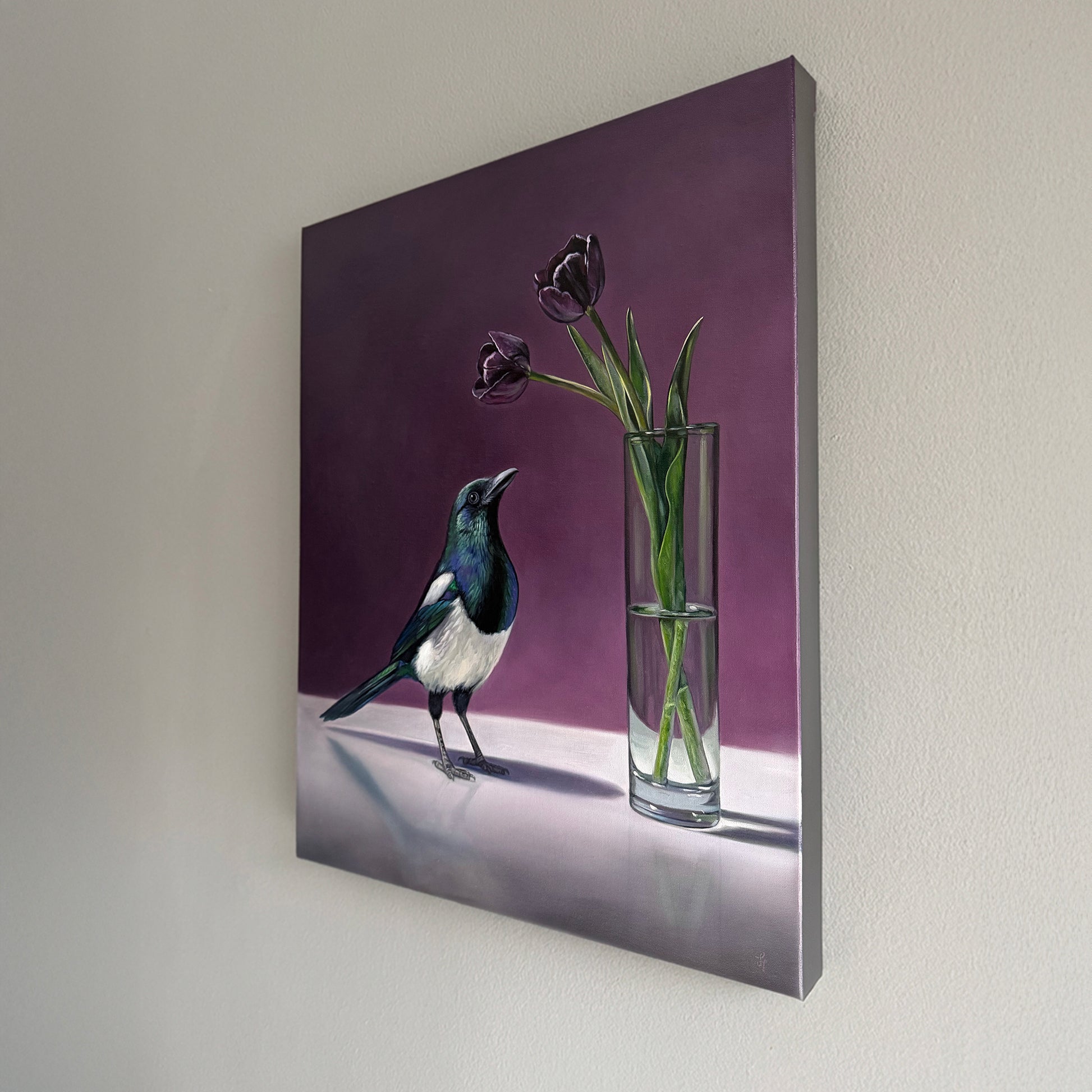 Canvas print of a bird and vase with flowers on a purple background