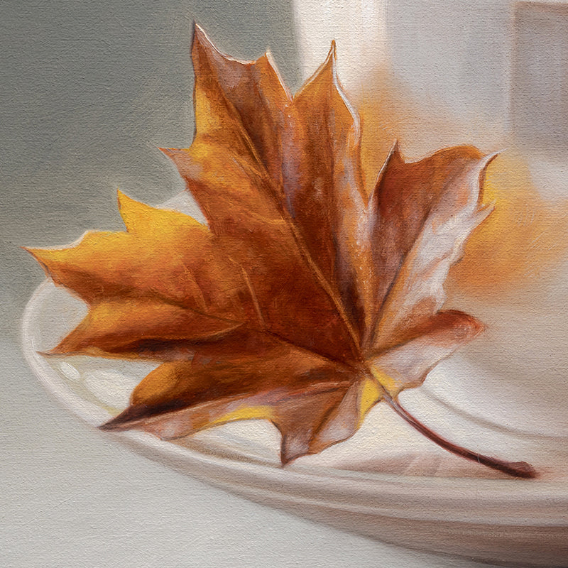 Maple Leaf & Latte 14" x 11" Original Oil Painting by Lauren Pretorius: a white coffee cup with a maple leaf on a gray background