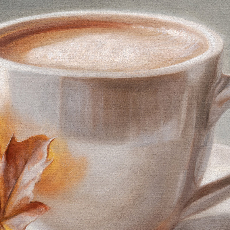 Maple Leaf & Latte 14" x 11" Original Oil Painting by Lauren Pretorius: a white coffee cup with a maple leaf on a gray background