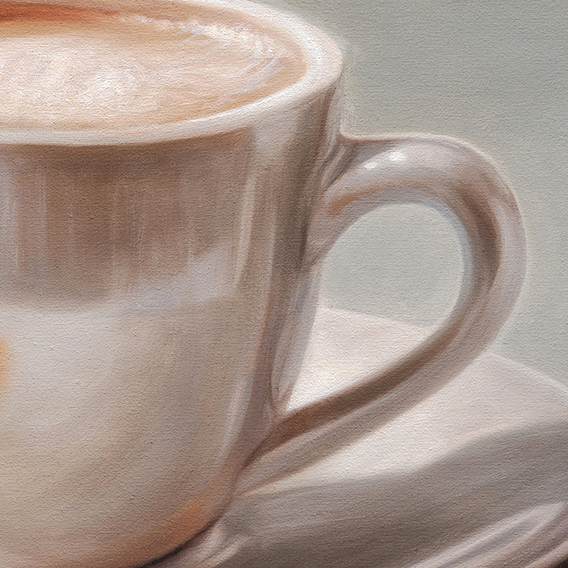 Maple Leaf & Latte 14" x 11" Original Oil Painting by Lauren Pretorius: a white coffee cup with a maple leaf on a gray background