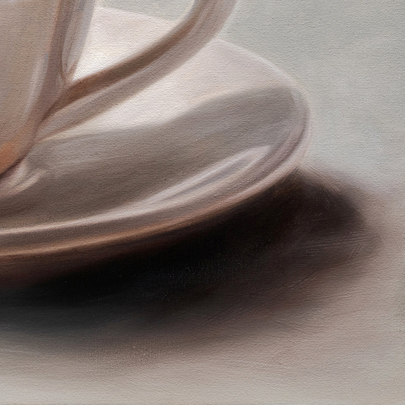 Maple Leaf & Latte 14" x 11" Original Oil Painting by Lauren Pretorius: a white coffee cup with a maple leaf on a gray background