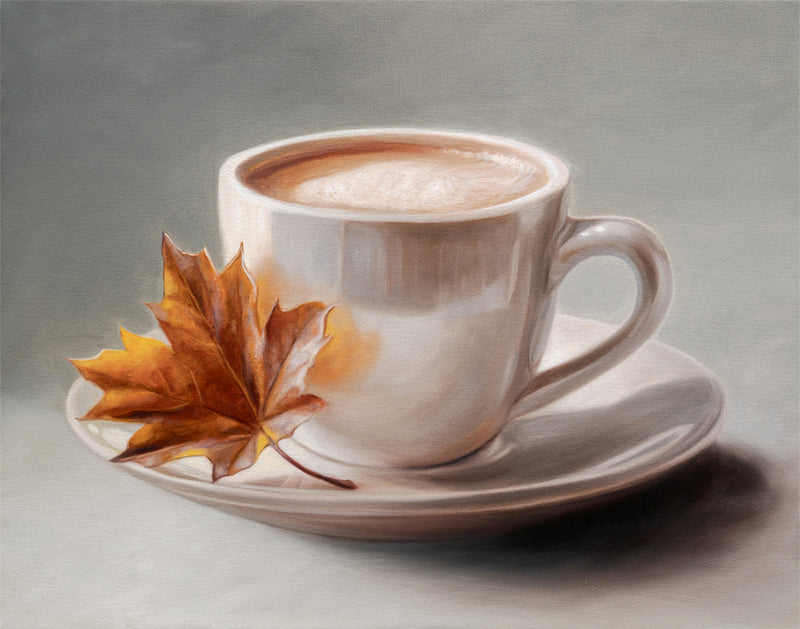 Maple Leaf & Latte 14" x 11" Original Oil Painting by Lauren Pretorius: a white coffee cup with a maple leaf on a gray background