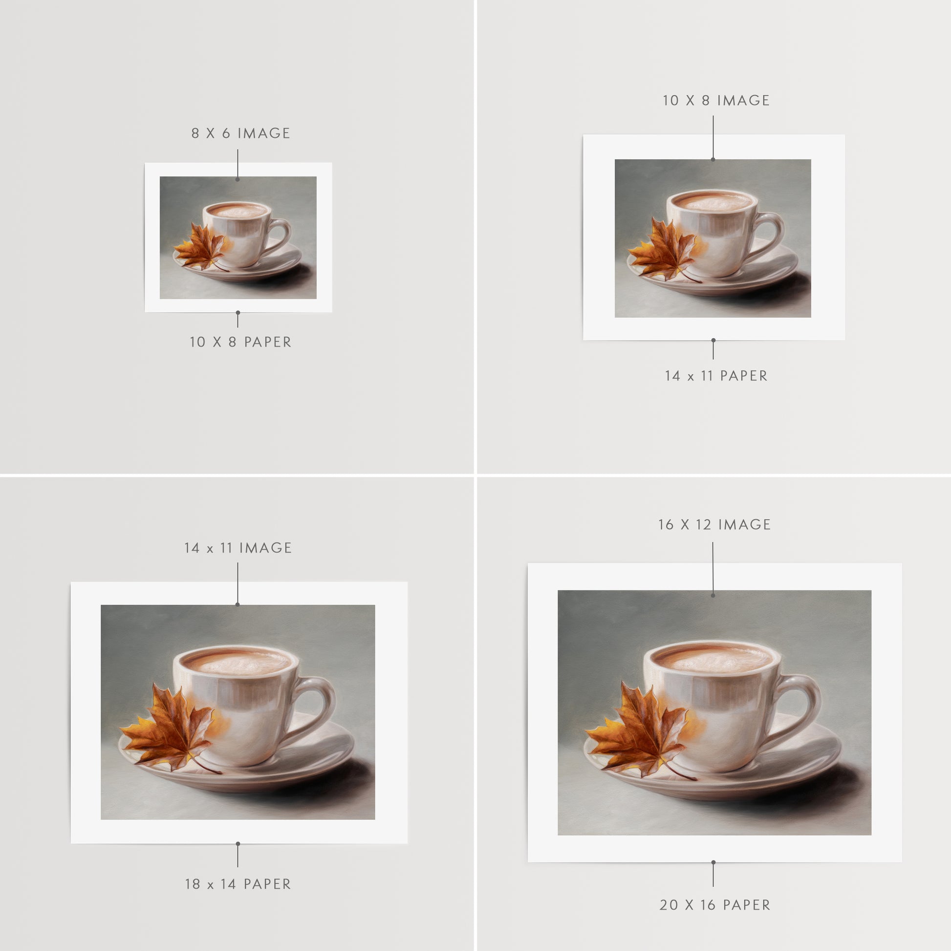 Maple Leaf & Latte Fine Art Print by Lauren Pretorius: a white coffee cup with a maple leaf on a gray background