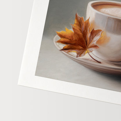 Maple Leaf & Latte Fine Art Print by Lauren Pretorius: a white coffee cup with a maple leaf on a gray background