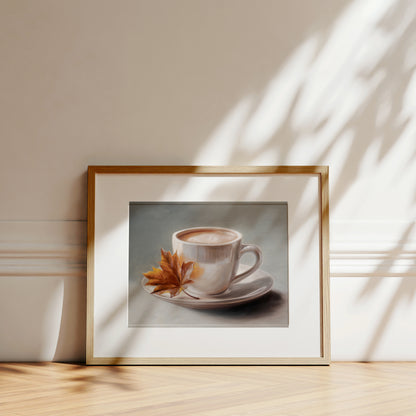 Maple Leaf & Latte Fine Art Print by Lauren Pretorius: a white coffee cup with a maple leaf on a gray background