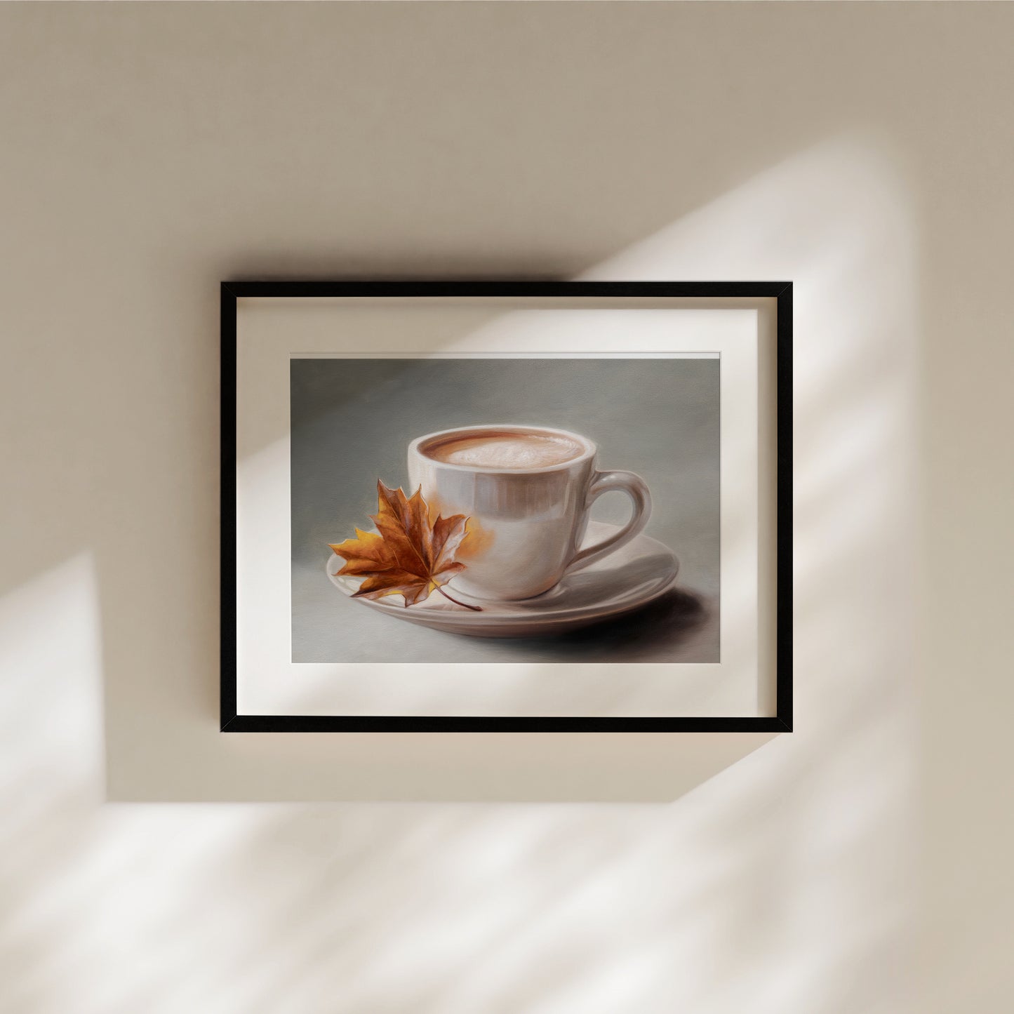 Maple Leaf & Latte Fine Art Print by Lauren Pretorius: a white coffee cup with a maple leaf on a gray background