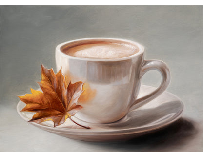 Maple Leaf & Latte Fine Art Print by Lauren Pretorius: a white coffee cup with a maple leaf on a gray background