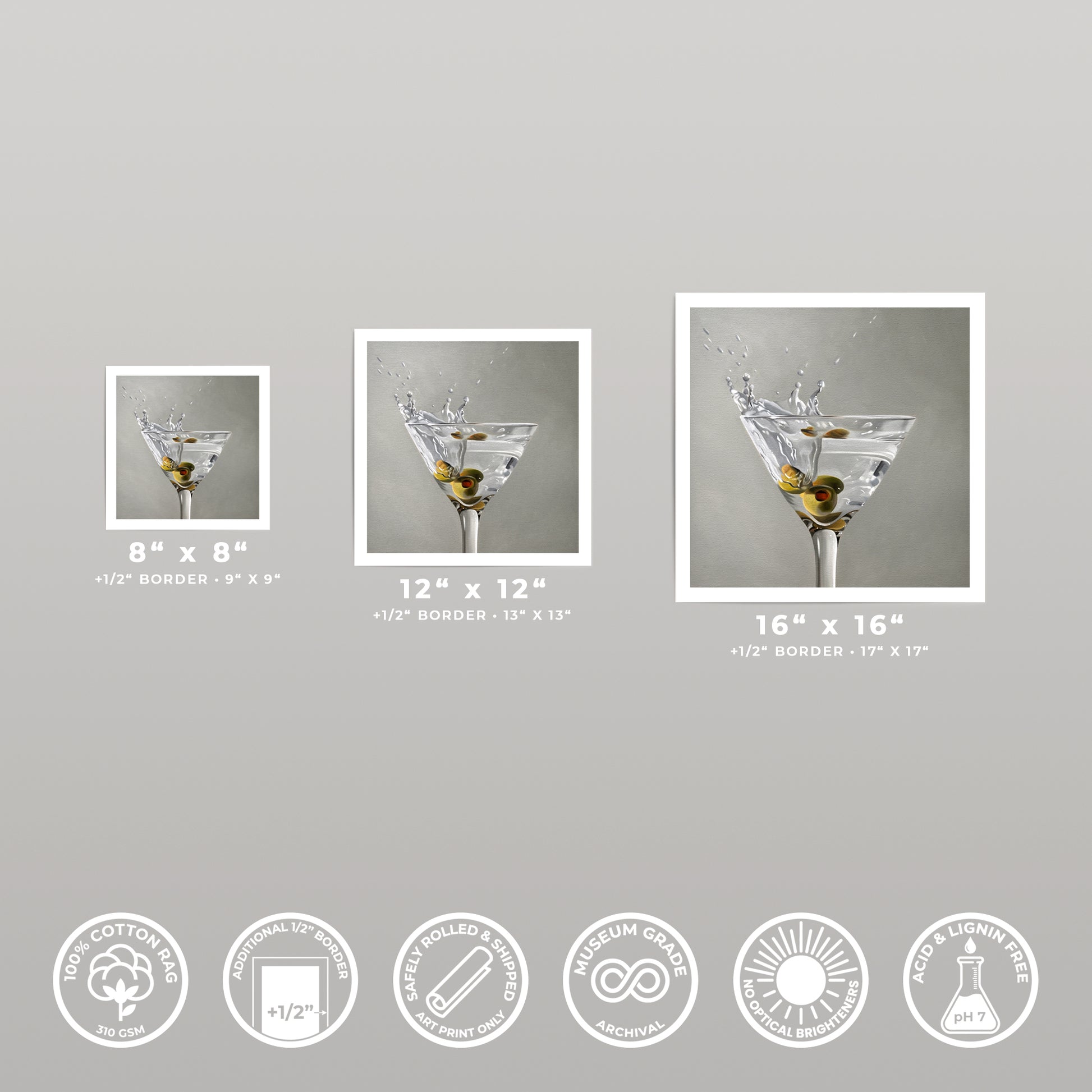 Three square fine art prints of a martini with olives and a splash, shown in 8x8, 12x12, and 16x16 sizes.